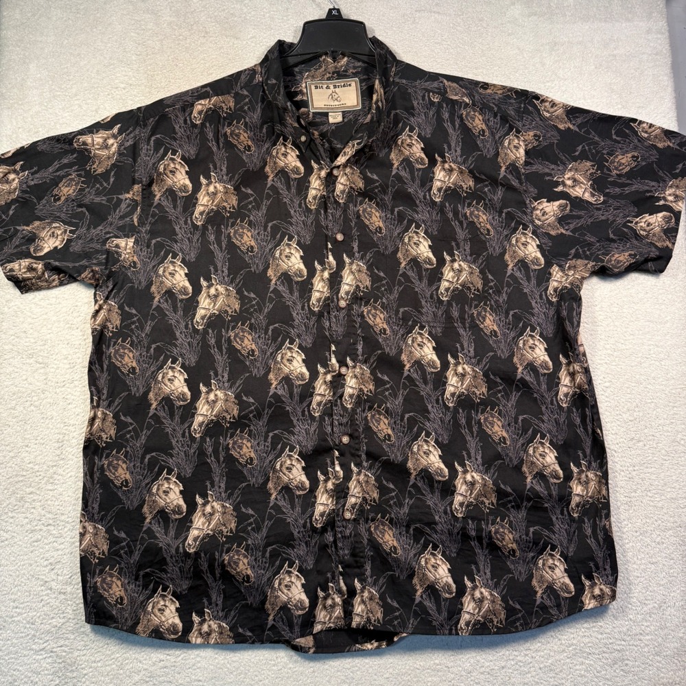 Vintage Bit & Bridle Horse Print Button Down Mens 2X Black Short Sleeve Western